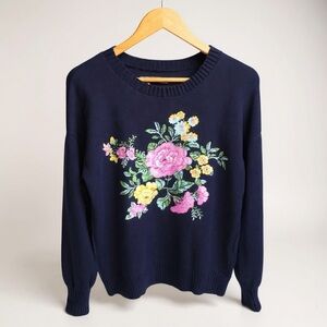 LOFT Navy Floral Embroidered Cotton Sweater L – Cottagecore Bloom